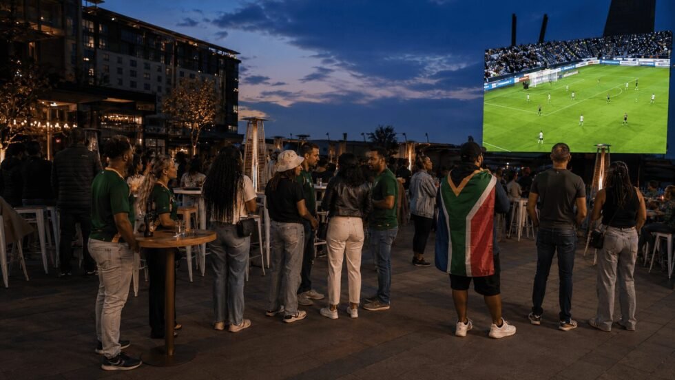 A crowd gathered outdoors to watch the 2026 FIFA World Cup in South Africa